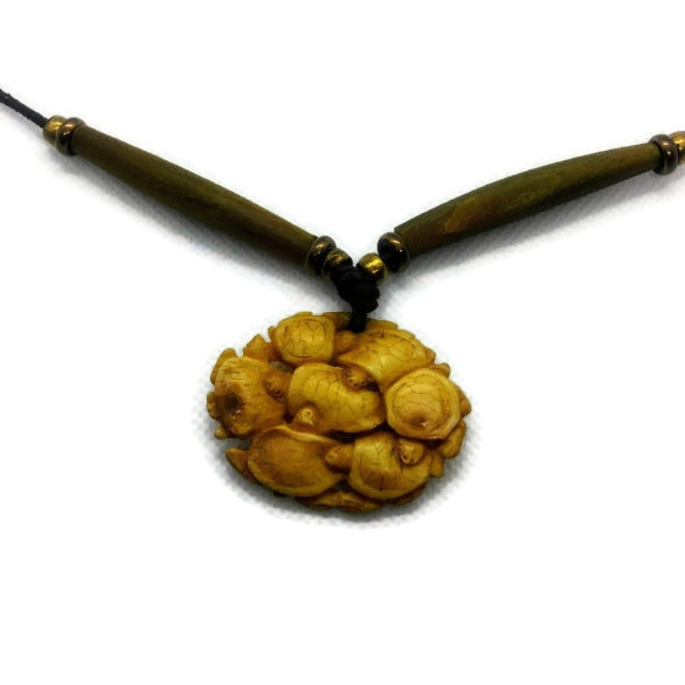Hawaiian Sea Turtle Carved Bone Necklace with Wood